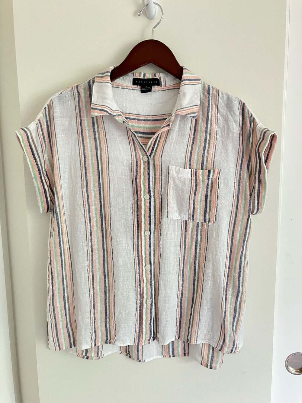 Sanctuary Women's Short Sleeve Button-Up Shirt in Striped Linen Blend with Lurex